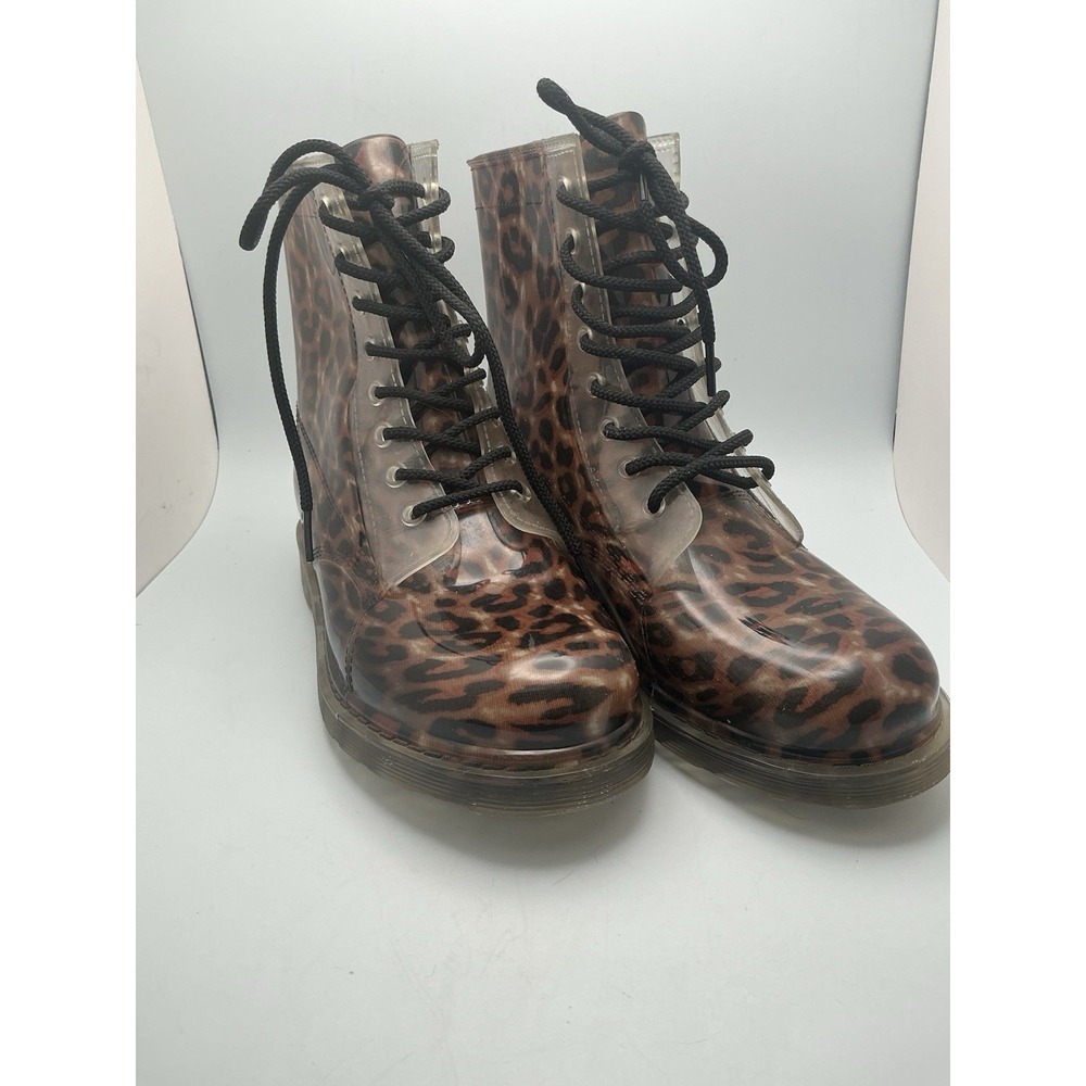 Qupid Leopard Print Boots, Clear PVC Overlay,‎ Preowned Size 8